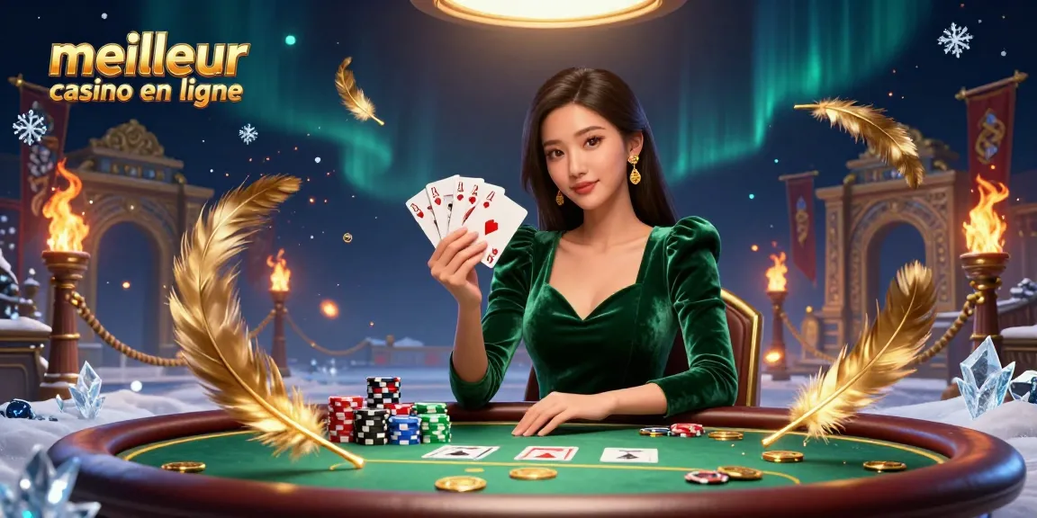 Engage at meilleur casino en ligne with a focused Asian woman in a green dress holding poker cards, surrounded by dynamic gambling elements.