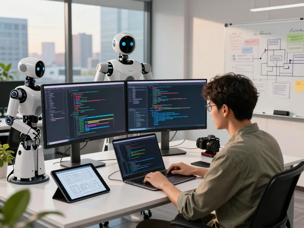 Innovative workspace scene showing a developer using image to prompt ai tools with advanced monitors and a robot assistant.