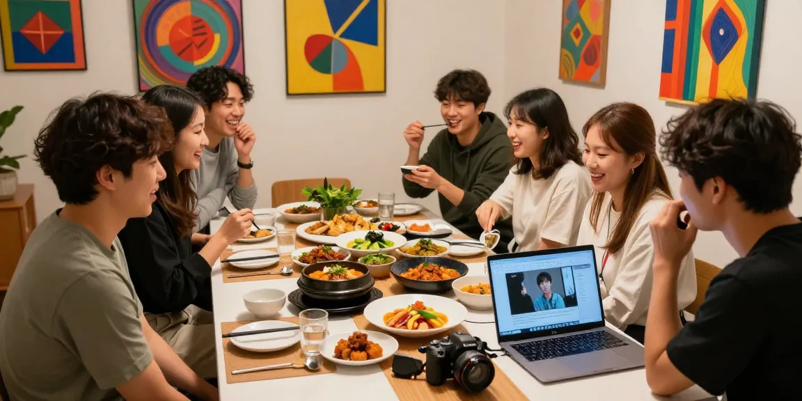 A lively dinner scene showcasing diverse Asian cuisines and cultural elements, celebrating community engagement from https://hanadultalk.com.
