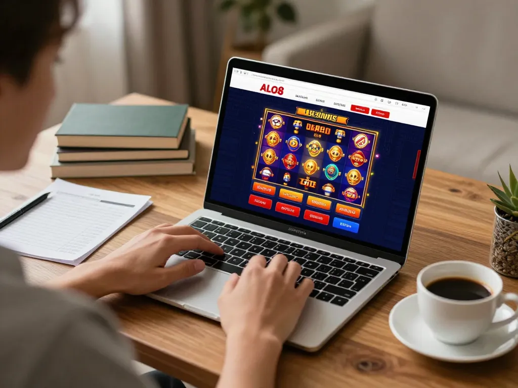 Experience online gaming at ALO8 with a vibrant interface and cozy home office setup.