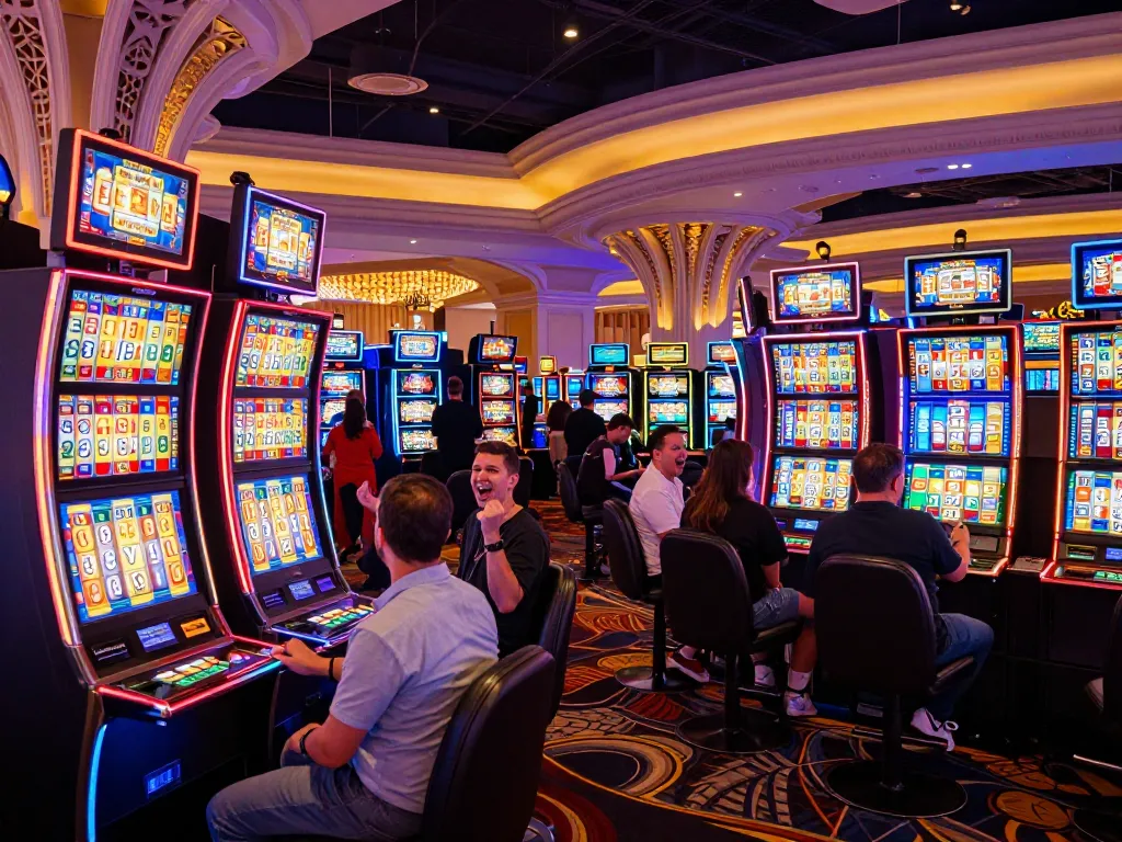 Players enjoying the excitement of du88 slot machines; neon-lit casino atmosphere with colorful reels.