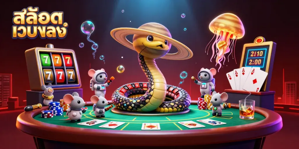 Experience the thrill of สล็อตเว็บตรง with an ultra-detailed 3D cosmic casino illustration, featuring vibrant characters and elements.