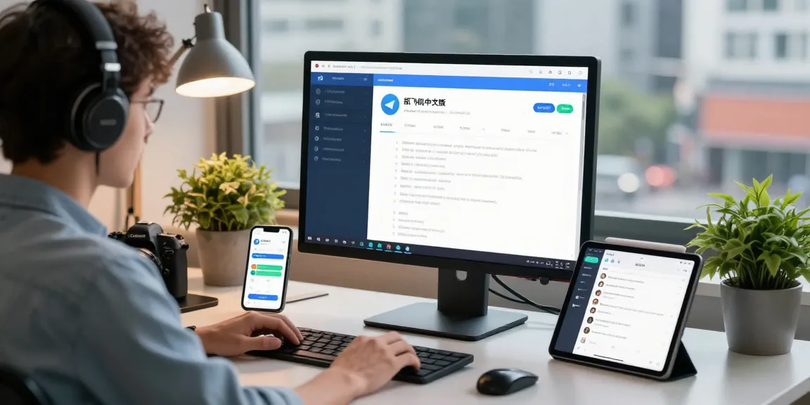 Experience the features of 纸飞机中文版 (Telegram Chinese Version) in a modern workspace setup with tech elements.