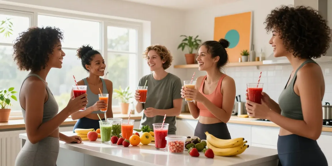 Friends blending smoothies with premium astaxanthin supplements in a bright kitchen.