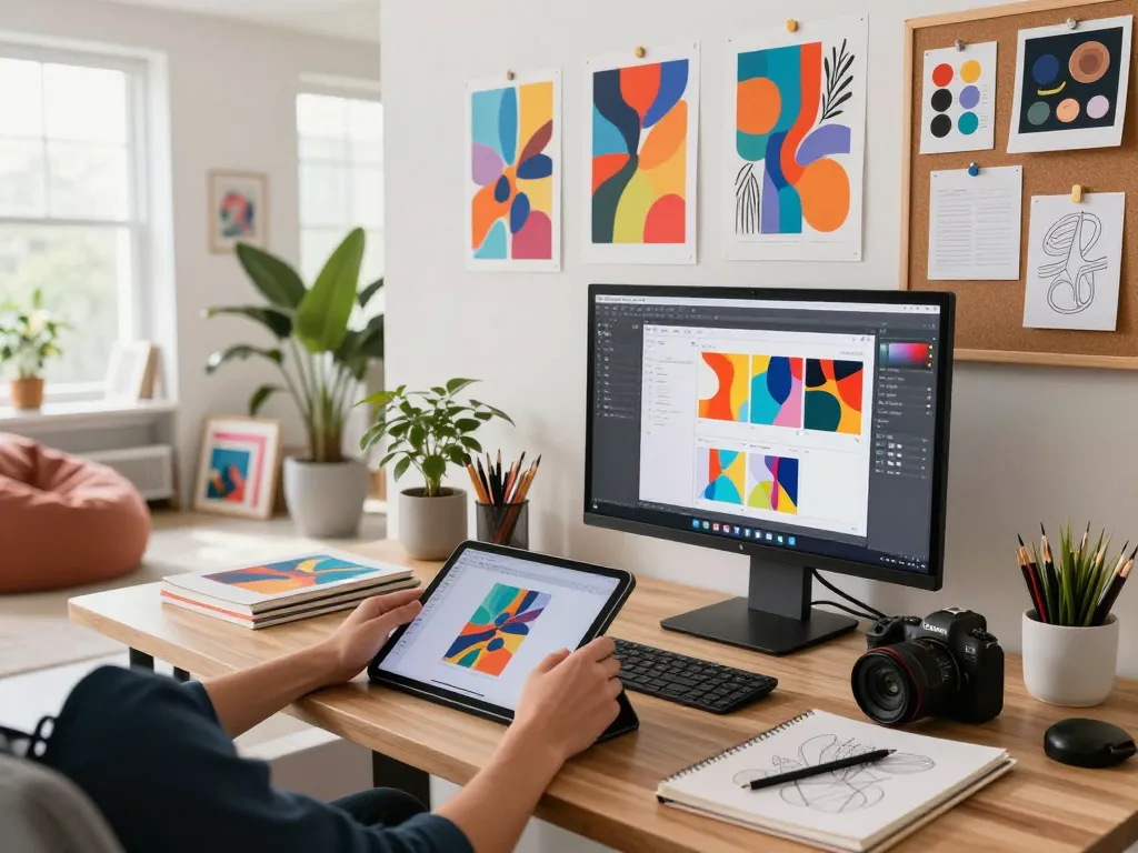 Artist generating stunning AI-Generated Images in a vibrant digital art studio, capturing creativity and innovation.