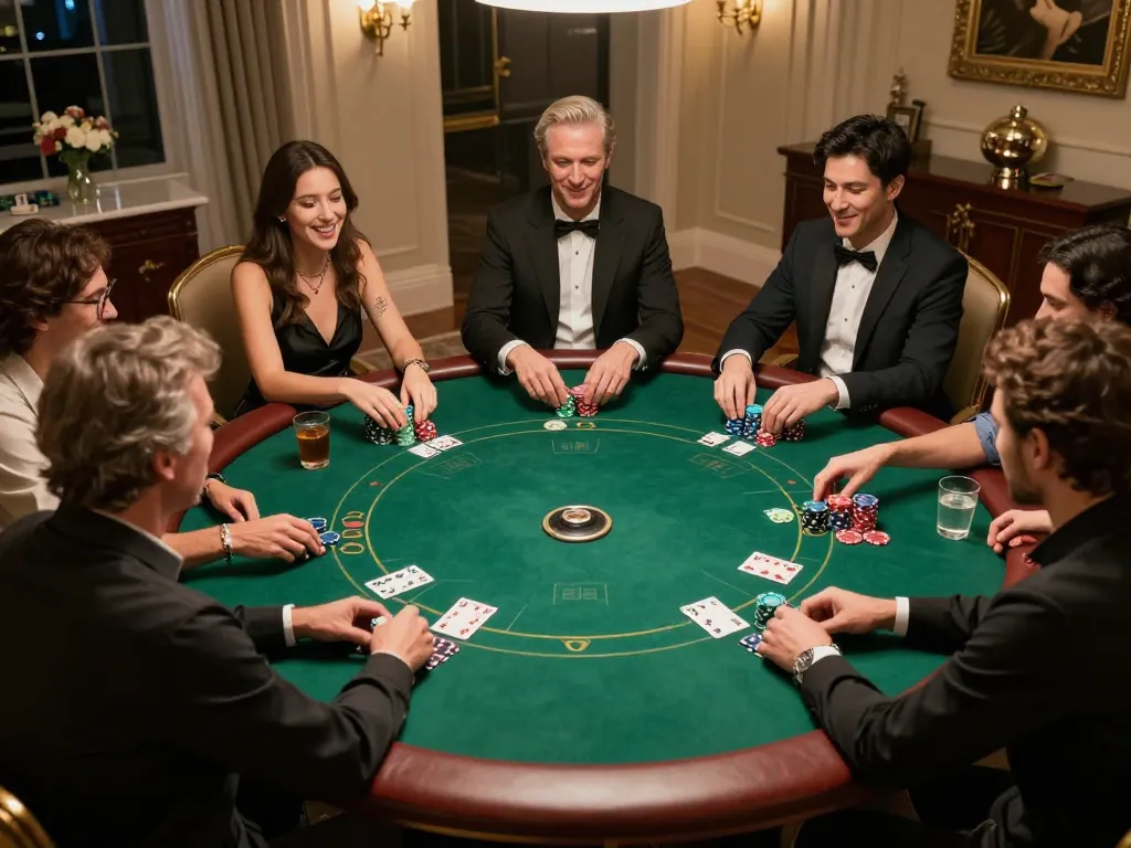 Players strategizing in an engaging home poker game, emphasizing qh88go's social gambling experience.