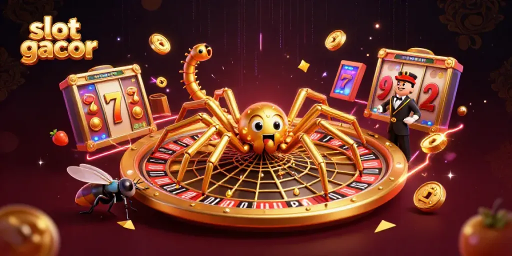 Experience high-stakes fun with slot gacor, where a golden spider weaves a roulette web.