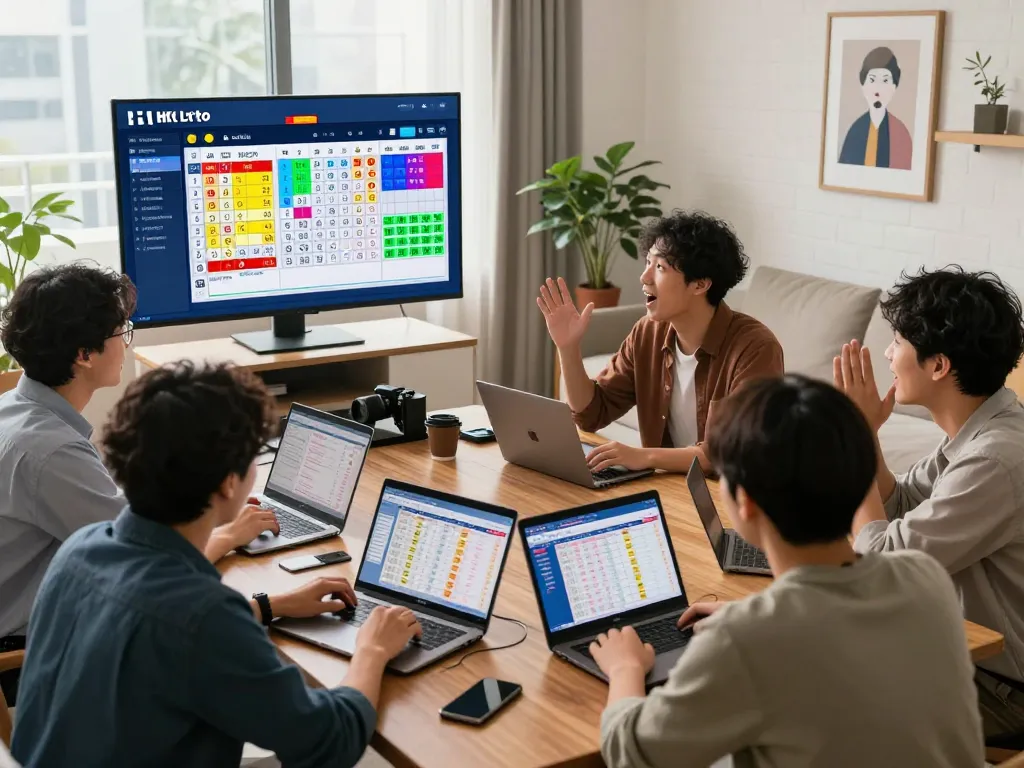 Group of bettors excitedly viewing HK Lotto results on a screen in a modern living room