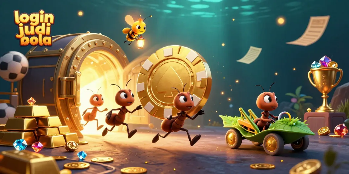 Exciting scene depicting login judi bola with animated ants carrying a giant poker chip in a heist adventure.