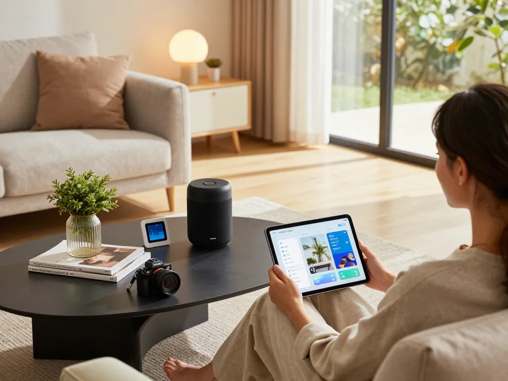 Exploring essential tech gadgets for home, featuring Bluetooth devices in a modern living room setting.