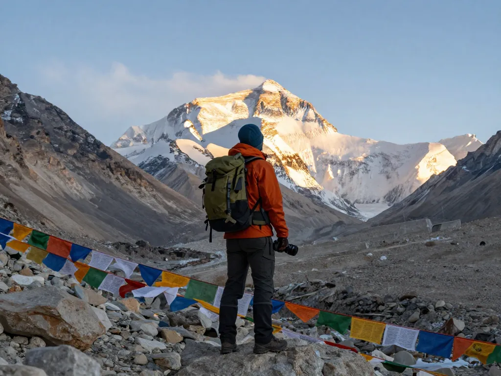 Stunning view of Everest Base Camp with a traveler enjoying the majestic peaks in 2026.