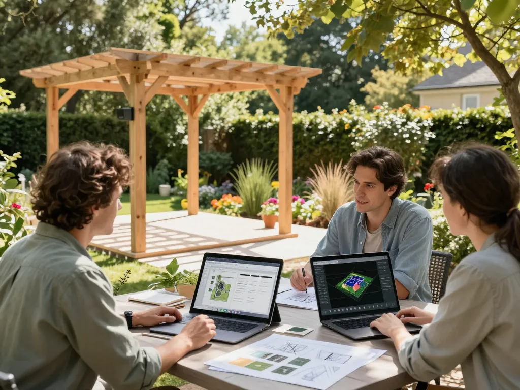Interactive design session using Pergola Configurator Software in a vibrant garden setting.