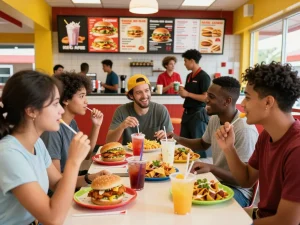 Enjoying a diverse fast food menu with friends in a lively diner atmosphere, showcasing colorful dishes and refreshing drinks.