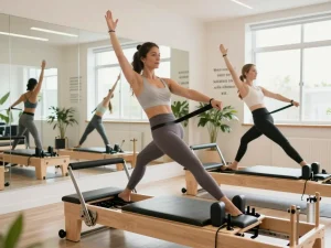 明るいフィットネススタジオでリフォーマーを使用しているアーバンクラシックピラティスの女性のダイナミックなシーン。