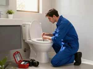 Expert professional toilet repair specialists in Sydney conducting a thorough inspection of a toilet in a modern bathroom.