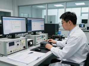 Wireless testing engineer analyzing device performance in a high-tech laboratory.