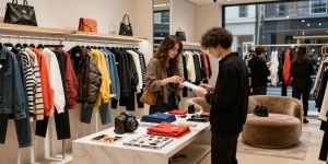 Luxury 레플리카 fashion items on display in an urban boutique, showcasing vibrant styles.