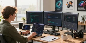 Developer immersed in coding using open claw skill in a vibrant tech workspace with laptops and screens displaying algorithms.