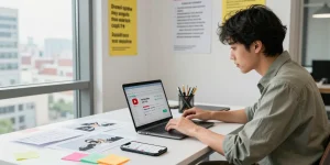 Digital marketing workspace showing the best site to buy YouTube views with analytics, social media tools, and creative setup.