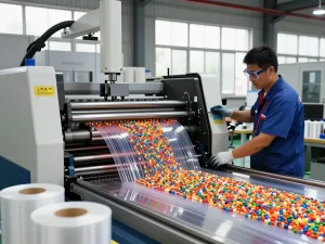 Bóc plastic manufacturing process with technician operating extrusion machine in industrial setting