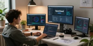 openclawd developer workspace with multiple screens and coding books in a modern tech environment