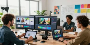 Seedance AI team collaborating in a vibrant workspace on video production, showcasing creative content generation.