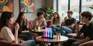 Group enjoying their vape devices in a stylish lounge showcasing the latest 電子菸主機 models.