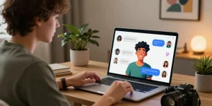 User engaged in ai chat nsfw with a vibrant character on laptop, showcasing interactive digital experience.