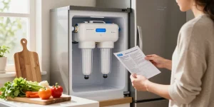 Installing the Waterspecialist EDR1RXD1 Water Filter in a modern kitchen setting with fresh vegetables.