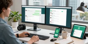 Person using WhatsApp網頁版 in a modern office setting with dual monitors and a smartphone.