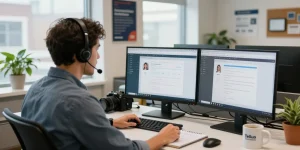 Experienced technician providing Telus-Technical-Support over phone at a modern desk setup.