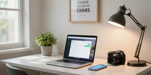 Using WhatsApp網頁版 on a laptop in a bright home office setting with chat notifications.