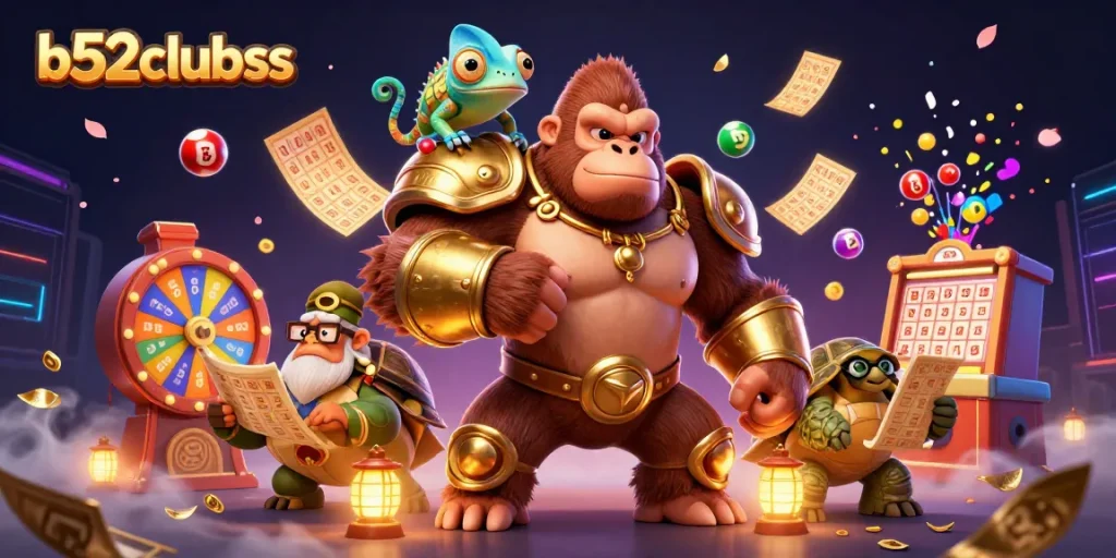 B52clubss showcases vibrant gambling excitement with a powerful gorilla king and a colorful game atmosphere.