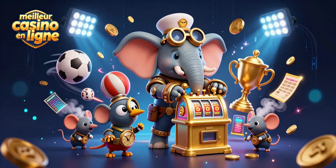 Action dynamique au meilleur casino en ligne avec éléphant et machines à sous, jeux captivants et trophées brillants.