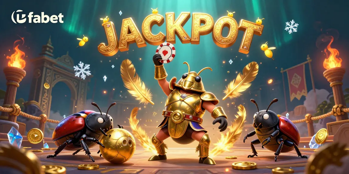 Engage in thrilling ufabet gameplay as a victorious beetle lifts a poker chip in a colorful 3D casino setting.
