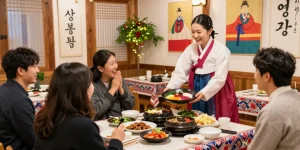 Dining experience at 상봉동 한국관 showcasing traditional Korean dishes in a warm, inviting atmosphere.