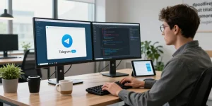 Focused developer showcasing 般飞机中文版 app in a modern workspace with dual screens and coding elements.