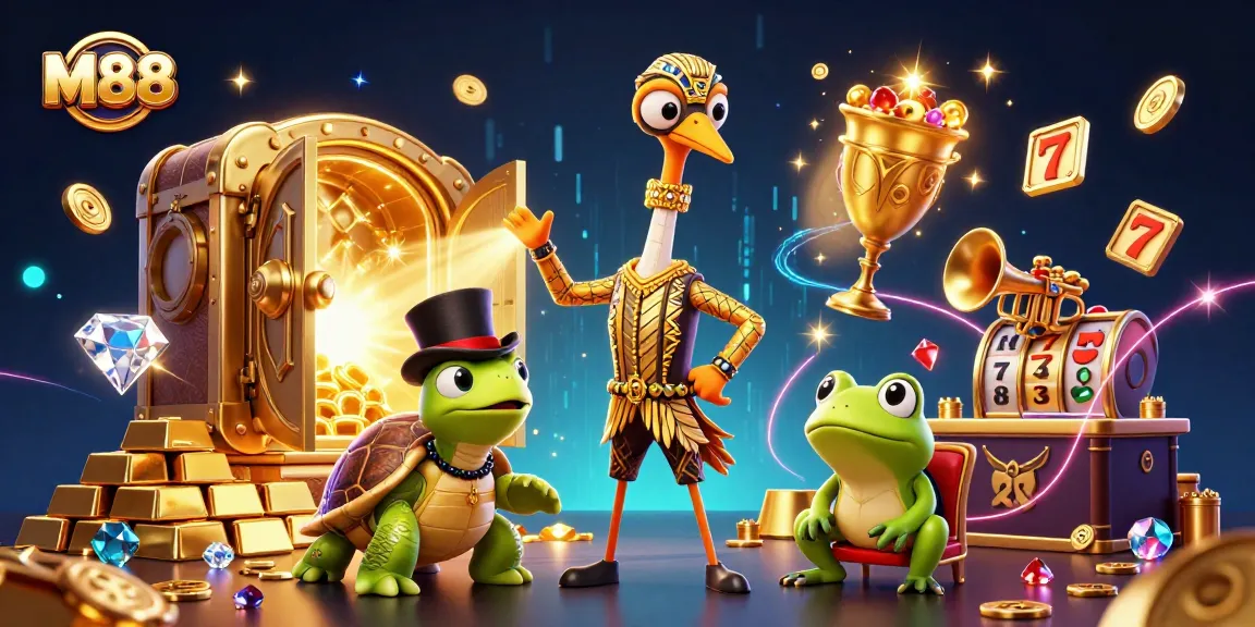M88 enhances excitement with cartoon characters at a vibrant casino scene filled with gold and jewels.