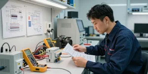 Technician analyzing a DC circuit breaker in a high-tech workshop, showcasing electrical circuit safety.