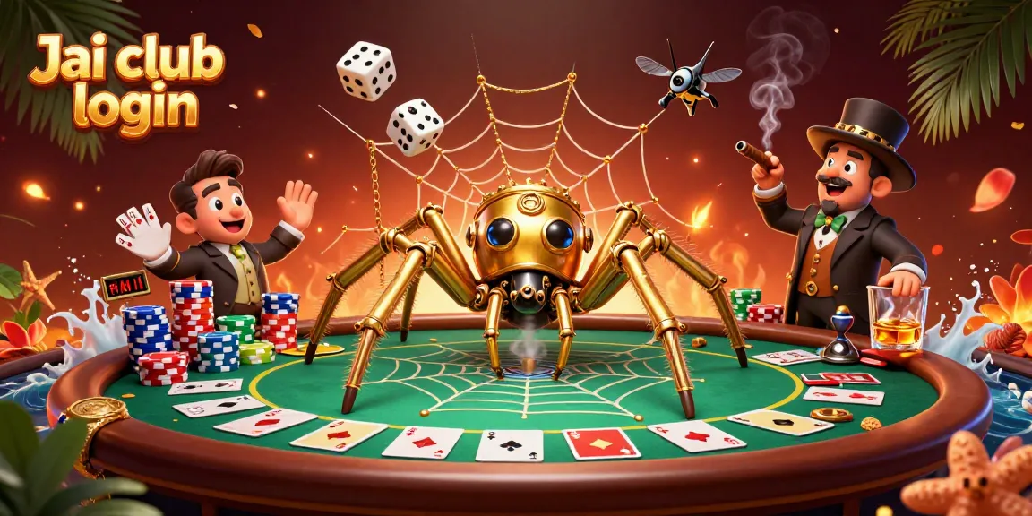 Engage in thrilling gameplay with Jai club login, featuring a steampunk spider, poker chips, and vivid illustrations