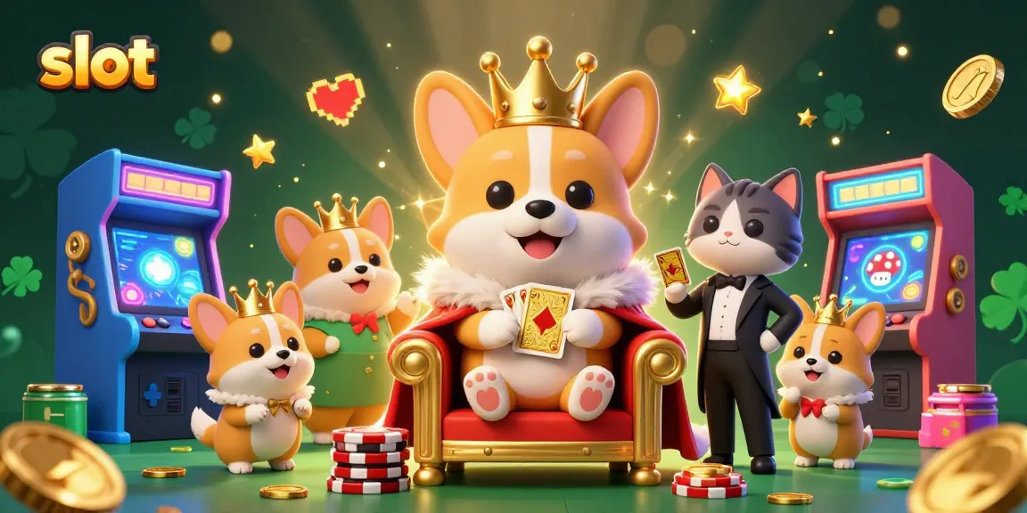 Slot mesin menunjukkan kemenangan besar dengan royal corgi dan pelayan kucing dalam suasana kasino yang megah.