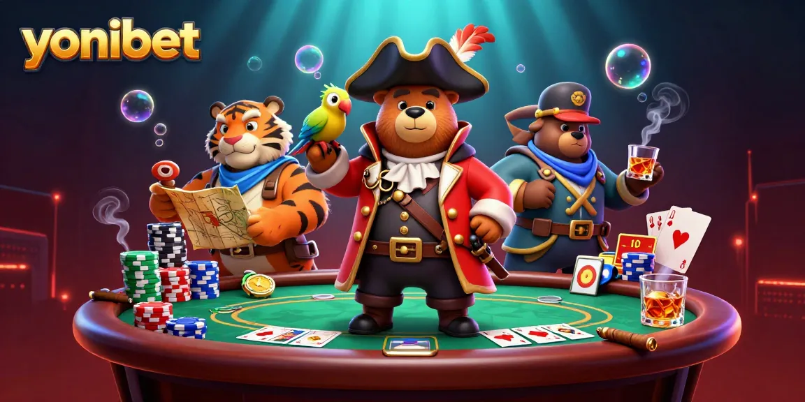 Engage with yonibet's exciting casino adventure featuring vibrant 3D characters and colorful poker elements.