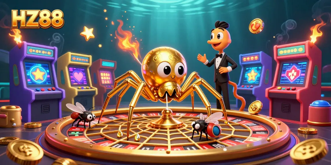 Experience the excitement at HZ88 casino with a vibrant 3D illustration featuring a spider roulette and dynamic characters.