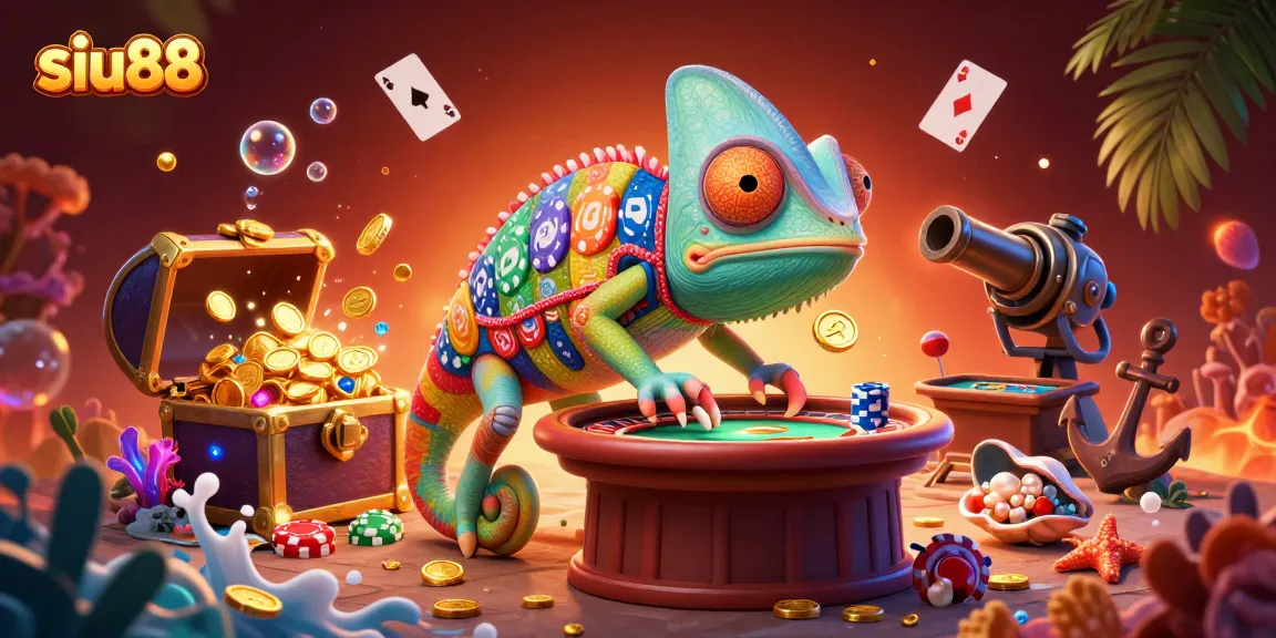 Siu88 players engage with a colorful 3D cartoon chameleon casino owner amidst gold treasure and playing cards.