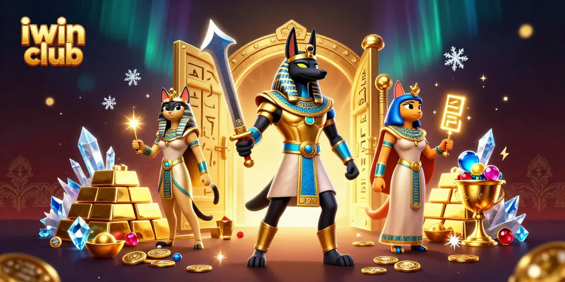Iwin club showcases a vibrant 3D illustration of Anubis and Bastet amidst treasure, creating an engaging gaming atmosphere.