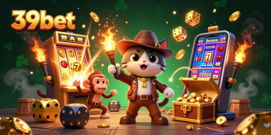 Discover thrilling wins with 39bet in an action-packed casino adventure illustration.