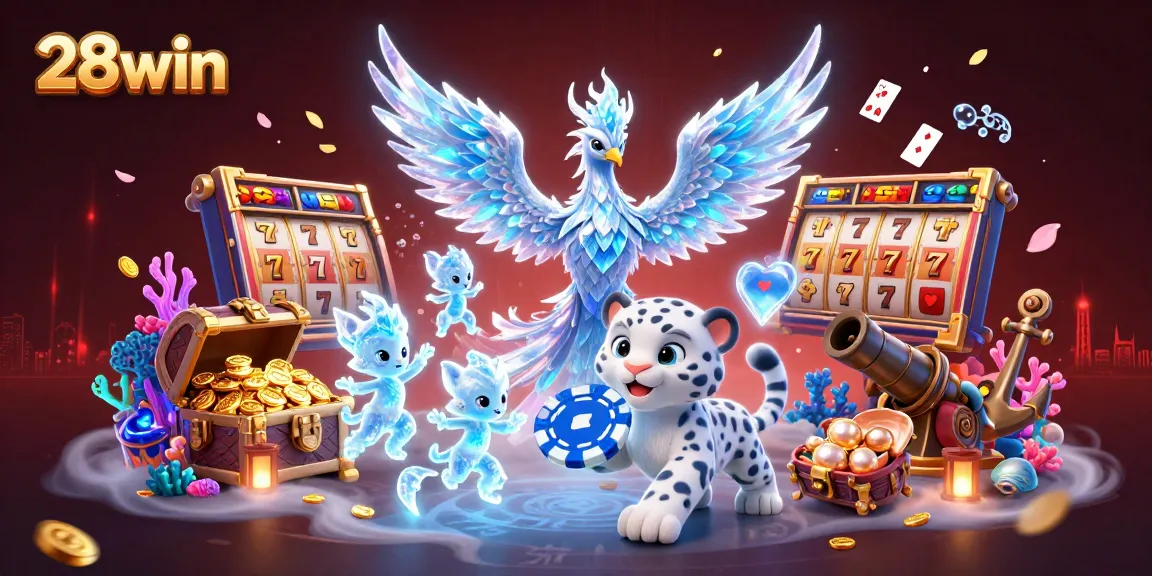 Experience 28win's immersive gaming with vibrant characters and dynamic casino elements.