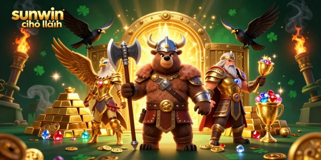 Experience endless excitement at sunwin chính hãng, with a vibrant casino scene featuring a Viking berserker bear, gold treasures, and glowing elements.