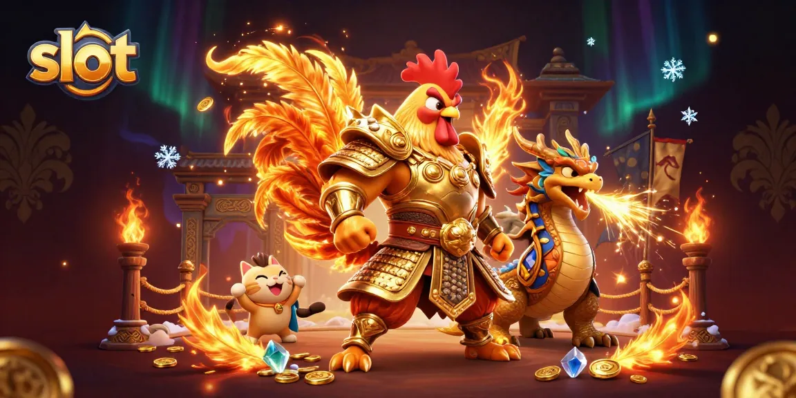 Putaran slot di DEWATASLOT888 didukung oleh prajurit ayam bertarung dan naga kecil, memeriahkan arena judi.