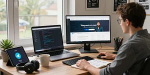 Developer using telegramin-cn.com in a cozy modern workspace.